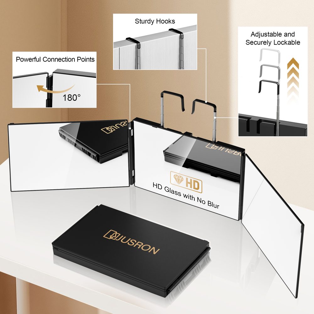 JUSRON mirror features — HD glass, hinges and hooks