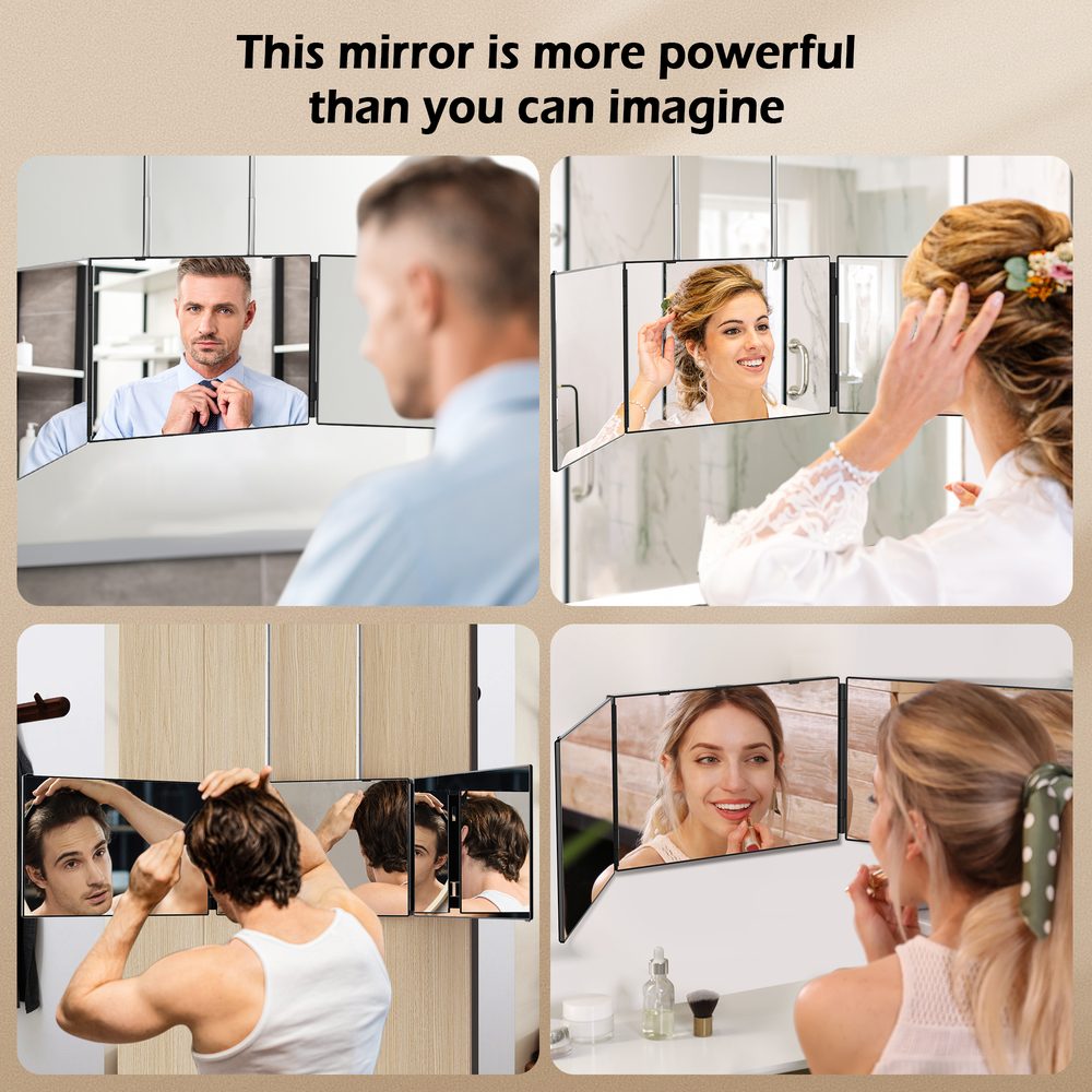 JUSRON mirror use cases — haircut, styling, makeup