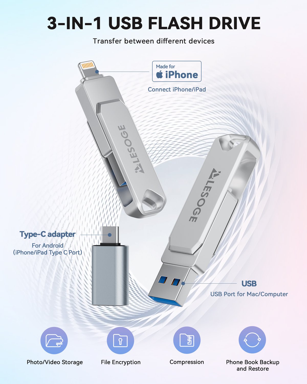 LESOGE 3-in-1 USB flash drive connectors